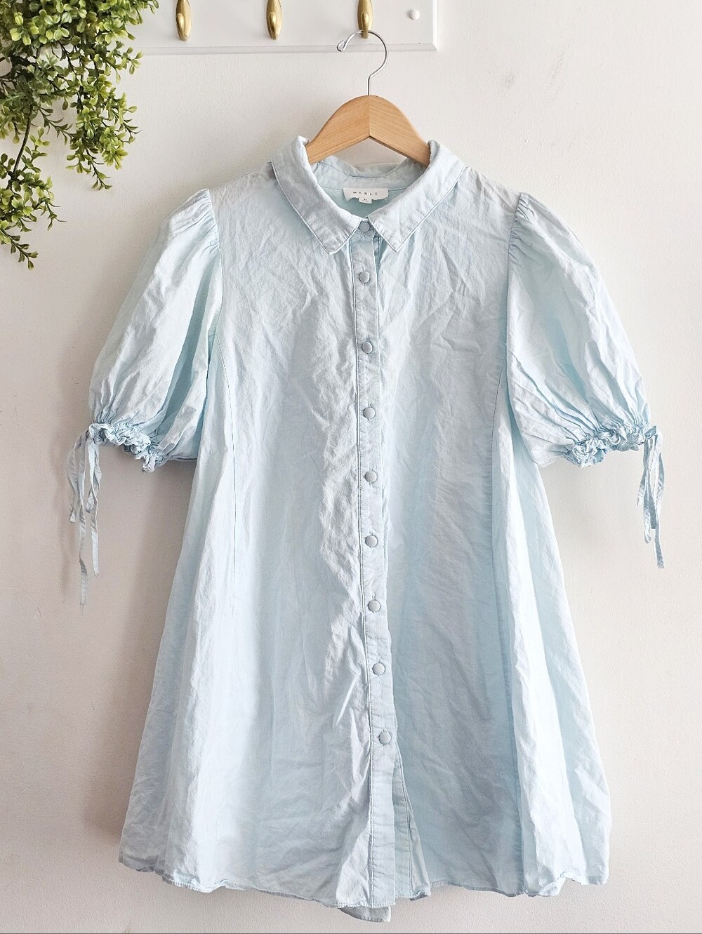 MABLE Blue Cotton Puff Sleeve Button Front Babydoll Mini Dress Size M
